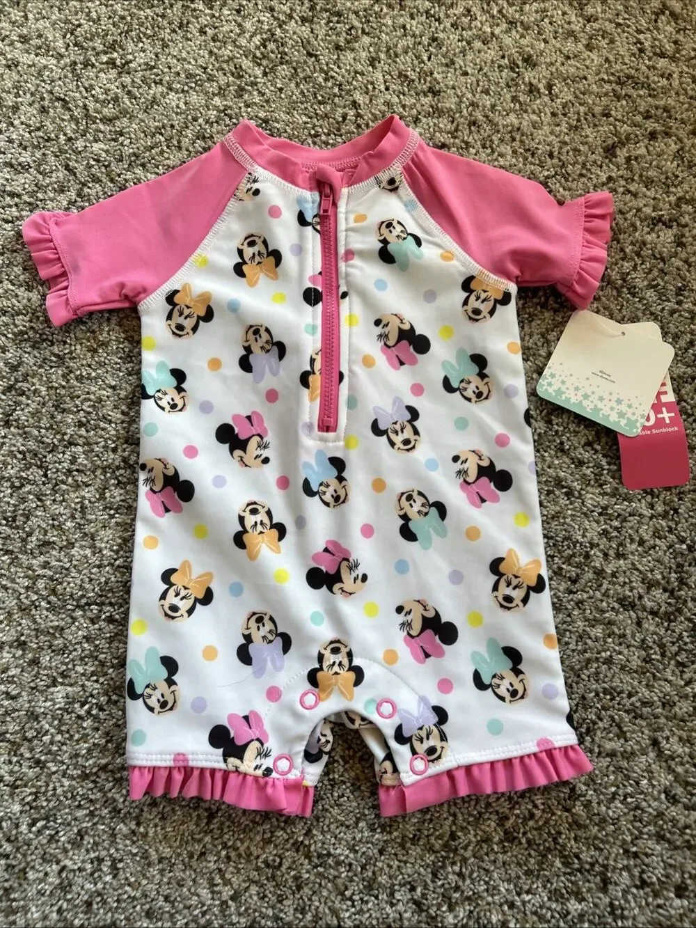 NEW DISNEY BABY 3/6m Girls Swim Suit 1pc Minnie Mouse Rash Guard UPF 50+ J25